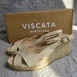VISCATA Espadrille Wedge Sandals Organic Cotton Canvas Beige EU 38 US 7 NEW